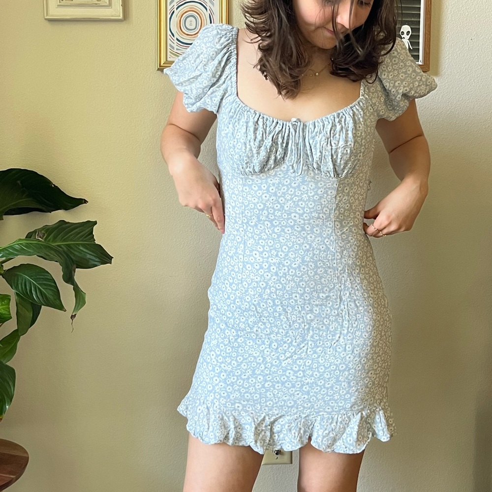 Super cute baby blue floral mini peasant dress from American Threads!